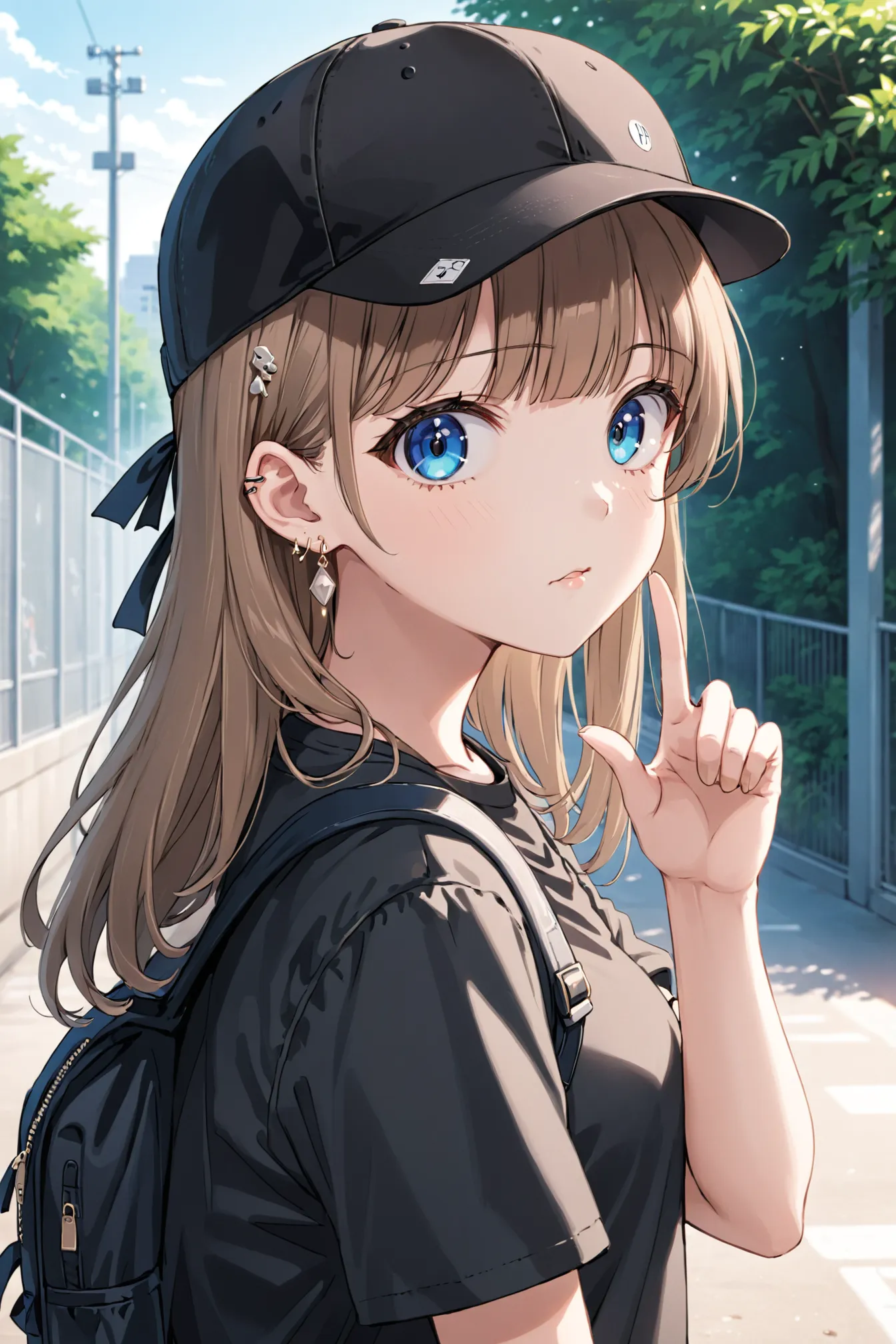 02094-1505080037-anime, 1girl, solo, outdoors, backpack, bag, baseball cap, black headwear, black shirt, blue eyes, blunt bangs,.webp